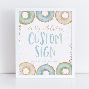 Donut Editable Sign, Custom 8x10 Sign, Printable Donut Sign 8x10, Custom Text, Landscape Sign Portrait Sign, Donut Birthday Party Decor Blue