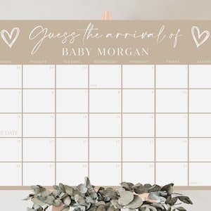 Neutral Baby Shower Guess the Due Date Calendar, Birth Date Sign, Baby Arrival Sign Printable, Beige Baby Shower Due Date Sign Minimal