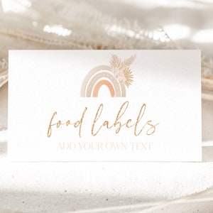 Etiquetas de alimentos arco iris, tarjeta de etiqueta de alimentos boho, tarjeta de tienda de alimentos, etiquetas de alimentos de cumpleaños, tarjetas de alimentos plegadas, etiqueta de alimentos en tiendas de campaña, tarjeta de alimentos arco iris de melocotón