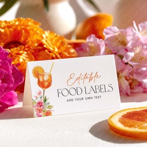 Love at First Spritz Food Labels, Citrus Bridal Shower Food Tent Cards, Food Tags, Folded Food Cards Tented Pink Orange Citrus Aperol Spritz