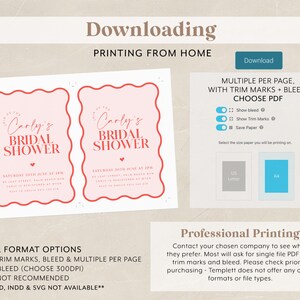 May include: A printable invitation for a bridal shower. The invitation is pink with red text and features the words "Join us for Carly's Bridal Shower" and the date and time of the event. The invitation is available in PDF, JPEG, and PNG formats.