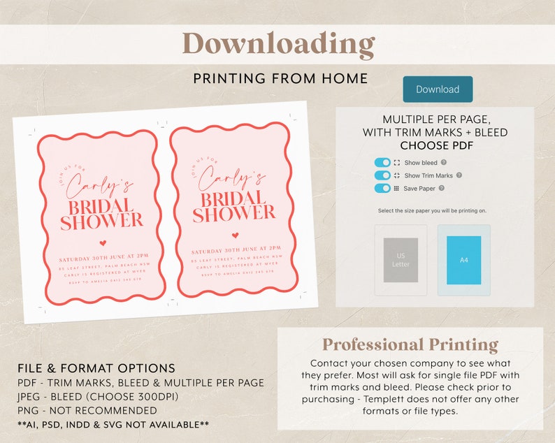 May include: A printable invitation for a bridal shower. The invitation is pink with red text and features the words "Join us for Carly's Bridal Shower" and the date and time of the event. The invitation is available in PDF, JPEG, and PNG formats.