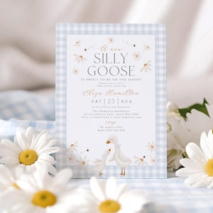 Silly Goose Baby Shower Invitation Boy, Blue Baby Shower Invite Printable, Mother Goose Baby Shower Invite Daisy Gingham, Baby Boy Shower
