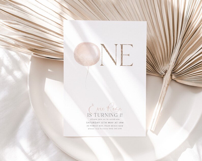 1st Birthday Invitation, Balloons Birthday Invitation, Pink Birthday Invite, 1st Birthday Girl, Girls First Birthday Balloon Pink and Gold image 10