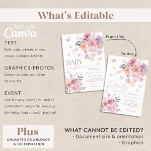 May include: Editable baby shower invitation template with a floral design featuring butterflies and the text "Baby in Bloom". The template is customizable with text, colors, and fonts. Graphics and photos can be added or deleted. The template is available for unlimited downloads with no expiration.