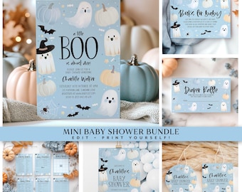 Halloween Baby Shower Boy Invitation Bundle, Printable Invite Blue Halloween Editable Games, Boy Baby Shower Decorations Mini Bundle