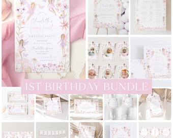 Fairy First Birthday Invitation Bundle, Fairy 1st Birthday Invite, Fairy Party Decorations, 1st Birthday Girl, Fairy Invite Wildflowers Pink