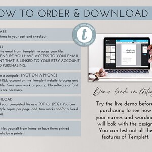 May include: A how-to guide for ordering and downloading digital printable templates. The guide includes five steps: purchase, access, edit, download, and print. The image also shows a laptop screen displaying a template with the text "Charlotte Edward" and a floral arrangement.