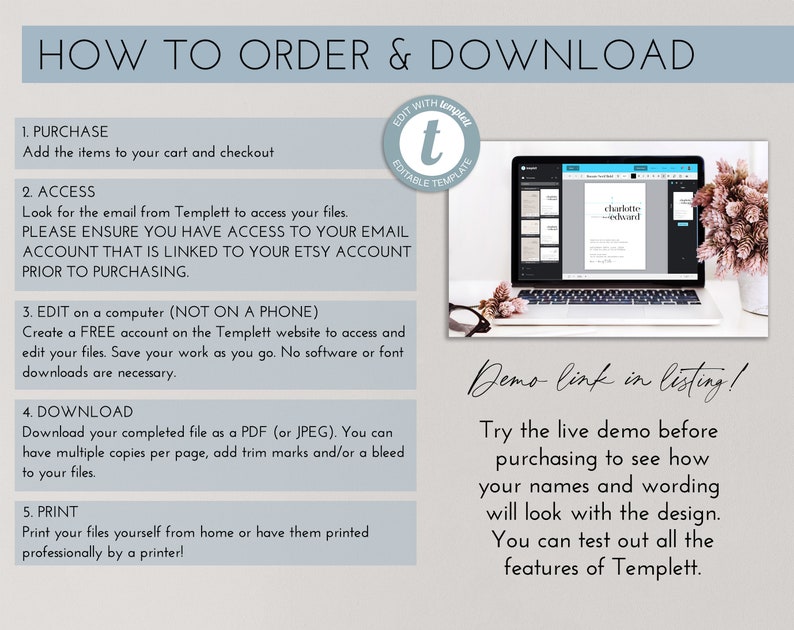 May include: A how-to guide for ordering and downloading digital printable templates. The guide includes five steps: purchase, access, edit, download, and print. The image also shows a laptop screen displaying a template with the text "Charlotte Edward" and a floral arrangement.