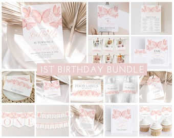 Butterfly Birthday Invitation Bundle, Peach Butterfly Invitation, 1st Birthday Girl, First Birthday Decorations, Butterfly Party Decorations