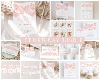 May include: A pink and white butterfly themed 1st birthday party printable bundle. The bundle includes invitations, food labels, a banner, cupcake toppers, and more.