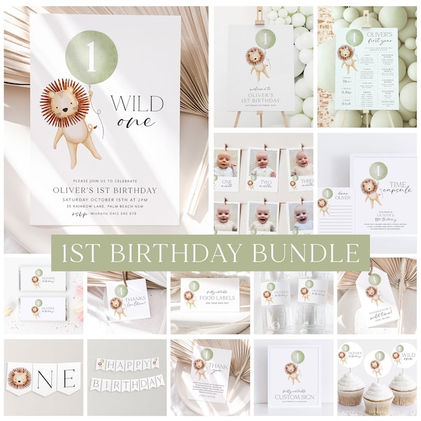 Lion 1st Birthday Invitation Bundle, Wild One Birthday Bundle, Printable Birthday Decorations, First Birthday Boy, Lion Birthday Sage Green