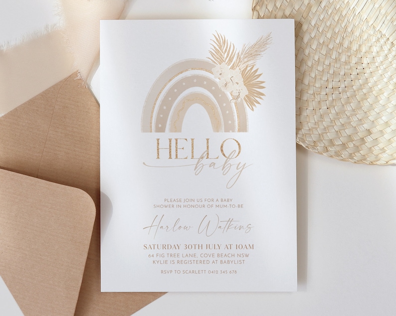 Boho Baby Shower Invitation Template, Rainbow Baby Shower, Gender Neutral Rainbow Baby Shower Invite, Muted Rainbow Invitation Beige image 10