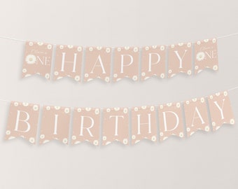 May include: A pink and white banner with the words "Happy Birthday" and "One" in white. The banner has a daisy pattern.