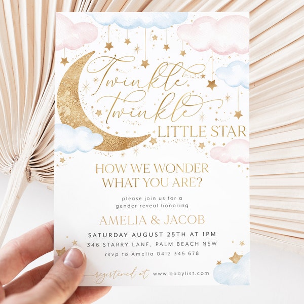 Twinkle Twinkle Little Star Gender Reveal Invitation Template, Pink and Blue Moon Stars Clouds Invitation, He Or She, Boy Or Girl Invite