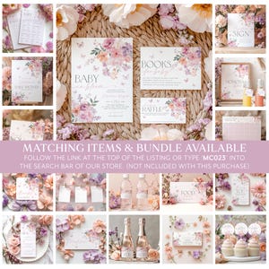 May include: A set of printable baby shower decorations featuring a floral design with butterflies in shades of pink, purple, and peach. The set includes a sign, a welcome sign, a book for guests to write messages, a raffle ticket, and a sign for a mimosa bar. The text on the signs reads "Baby in Bloom", "Books for Baby", "Raffle", "Sign", and "Mimosa Bar".