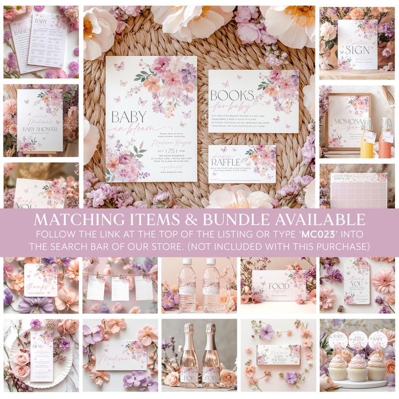 May include: A set of printable baby shower decorations featuring a floral design with butterflies in shades of pink, purple, and peach. The set includes a sign, a welcome sign, a book for guests to write messages, a raffle ticket, and a sign for a mimosa bar. The text on the signs reads "Baby in Bloom", "Books for Baby", "Raffle", "Sign", and "Mimosa Bar".