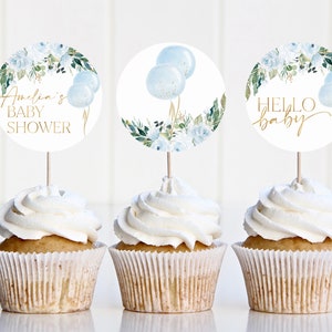 Cupcake Toppers Boy, Blue Baby Shower Cupcake Toppers, Printable Blue Balloon Baby Shower Cupcake Topper, Editable Cupcake Toppers Baby Blue