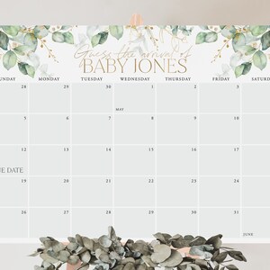 Baby Shower Due Date Calendar, Greenery Baby Birth Date Sign, Guess the Arrival Date Sign, Due Date Sign, Editable Printable Baby Shower