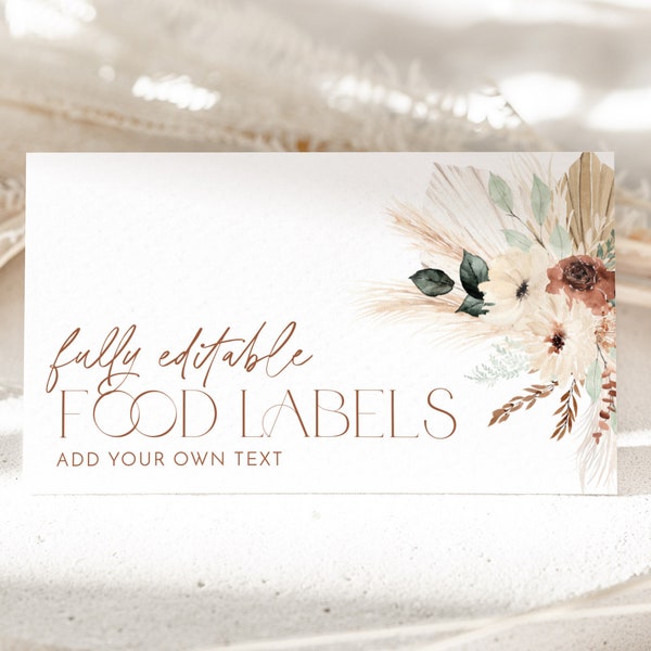 Boho Bridal Shower Food Labels, Boho Food Label Card, Food Tent Cards, Food Tags, Food Labels, Folded Food Cards, Tented, Boho Floral Cards