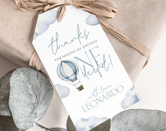 Mr Onederful Favour Tags, Birthday Thank You Tags, Onederful 1st Birthday Favor Tag, Printable Gift Tag, Editable Tag, Hot Air Balloon Tags