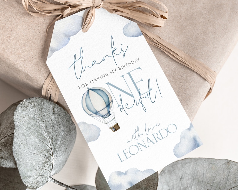 May include: Blue and white watercolor thank you tag with a hot air balloon illustration. The tag says "Thanks for making my birthday one derful!" with love Leonardo.