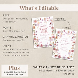 May include: Editable template for a fairy-themed first birthday party invitation. The invitation features a pink and purple floral design with butterflies and fairies. The text on the invitation says "Camilla's Fairy First Birthday!"