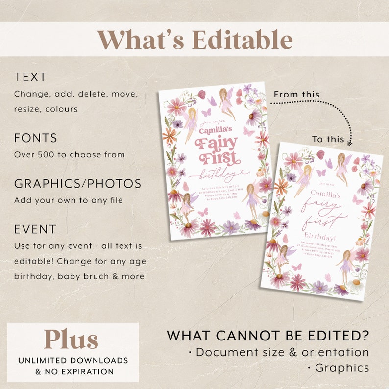 May include: Editable template for a fairy-themed first birthday party invitation. The invitation features a pink and purple floral design with butterflies and fairies. The text on the invitation says "Camilla's Fairy First Birthday!"
