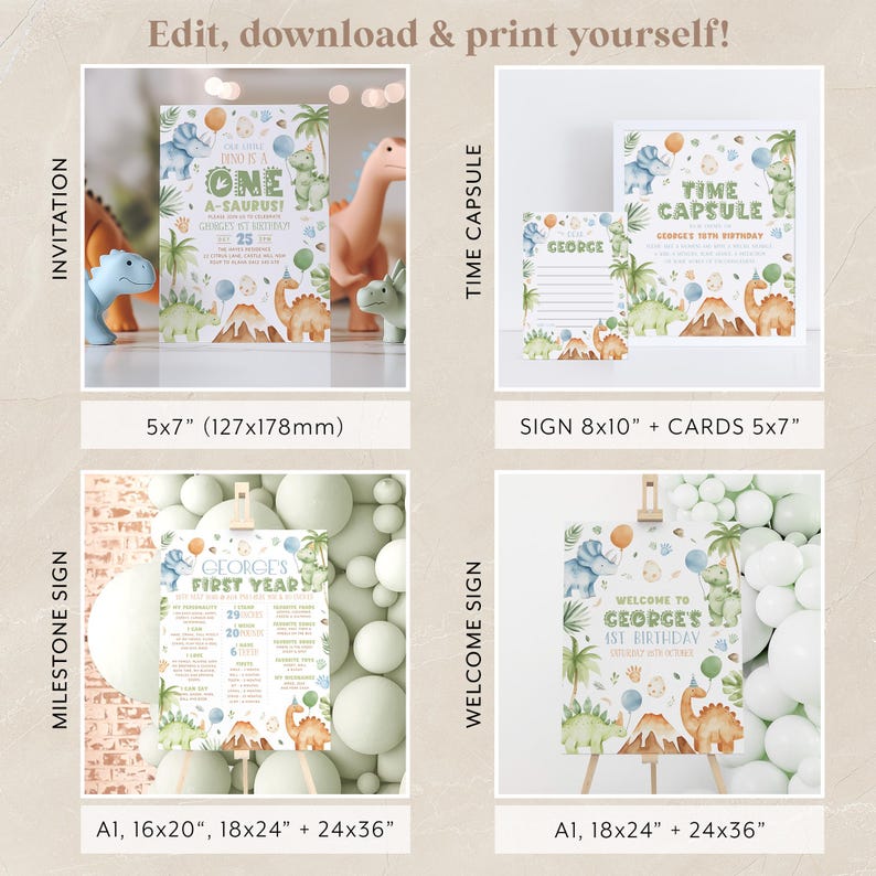 May include: Printable dinosaur-themed party decorations for a first birthday. The set includes a welcome sign, milestone sign, invitation, and time capsule cards. The signs are available in various sizes, including 16x20 inches, 18x24 inches, and 24x36 inches. The invitation and time capsule cards are 5x7 inches. The designs feature a green, blue, and brown color scheme with dinosaurs, mountains, and balloons.