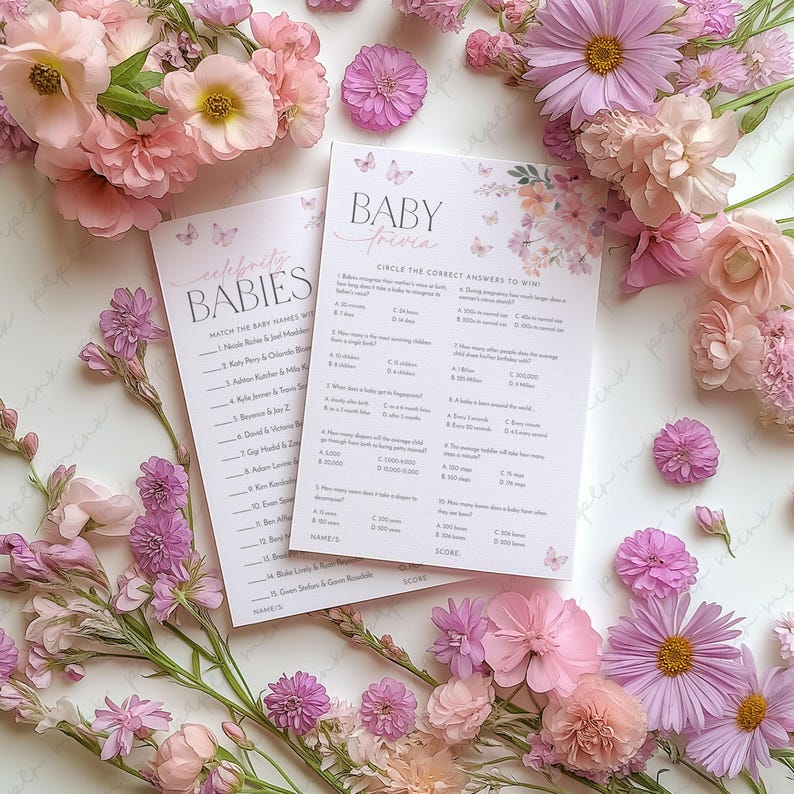 May include: Two pink and white baby shower game cards with floral designs and butterflies. The first card has the title "Celebrity Babies" and asks players to match baby names with their parents. The second card has the title "Baby Trivia" and asks players to circle the correct answers to trivia questions about babies.