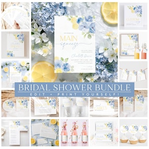 Blue Citrus Bridal Shower Invitation Bundle, Main Squeeze Bridal Shower Bundle, Editable Games, Printable Blue Lemon Bridal Shower Bundle