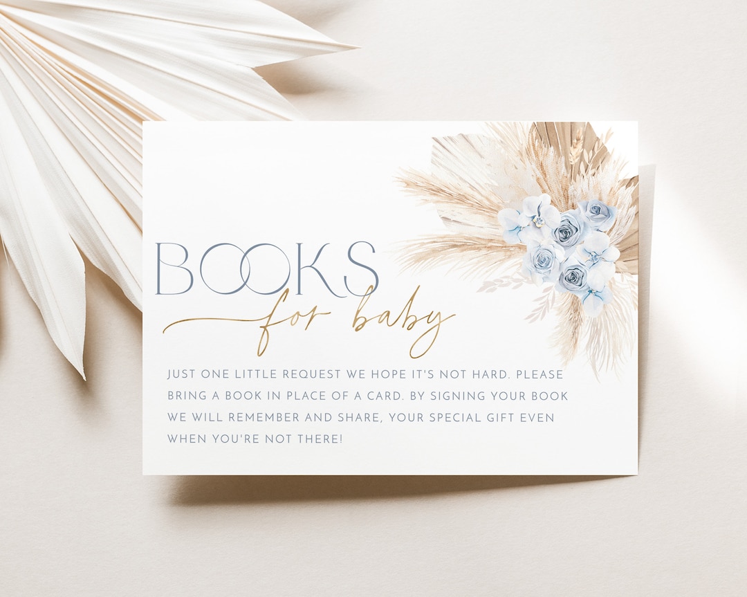 Boho Books for Baby Card Printable, Book Request Card, Blue Boho Baby ...