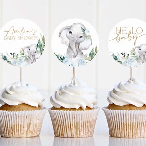 Elephant Cupcake Toppers, Boy Baby Shower Cupcake Toppers, Printable Blue Floral Baby Shower Cupcake Topper, Editable Cupcake Toppers Baby image 2