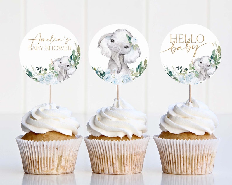 Elephant Cupcake Toppers, Boy Baby Shower Cupcake Toppers, Printable Blue Floral Baby Shower Cupcake Topper, Editable Cupcake Toppers Baby image 2