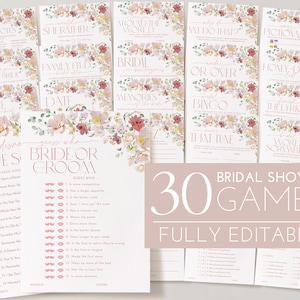 May include: A set of 30 printable bridal shower games with a floral theme. The games include "Love's Bride or Groom", "Around the World", "Who Do We Do That?", "Family Feud", "Bridal Bingo", "Memories of the Bride", "That Tune", "The Lyrics", "Word Scramble", "Pictionary", "Honey-Do List", "Advice", "Date", "Know the Bride", "She'd Rather", "Under or Over", and "Love Quotes".