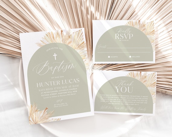 Sage Green Christening Invitation Set Baptism Invitation Template