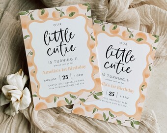 May include: Two peach-colored invitations with a watercolor peach and green leaf design. The text reads "Our little cutie is turning 1!" and includes details for Amelia's 1st birthday party.