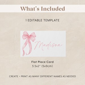 Pink Bow Place Card Template Printable, Flat Place Cards, Baby Shower ...