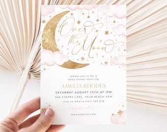 Over the Moon Invitation, Moon Baby Shower Invitation, Girl Baby Shower Instant Download Template, Moon and Stars Pink Invitation Girl