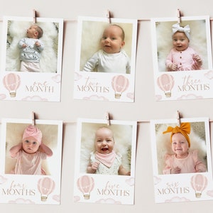 First Year Photos, 1st Birthday Milestone Photos, Baby&#39;s First Year Month Photo Banner, Pink Hot Air Balloon ONEderful Photo Banner Girl