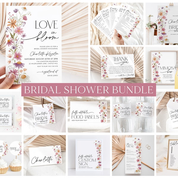 Love in Bloom Bridal Shower Invitation Bundle, Wildflower Bridal Shower, Pink Floral Games, Printable Wildflower Bridal Shower Bundle Floral