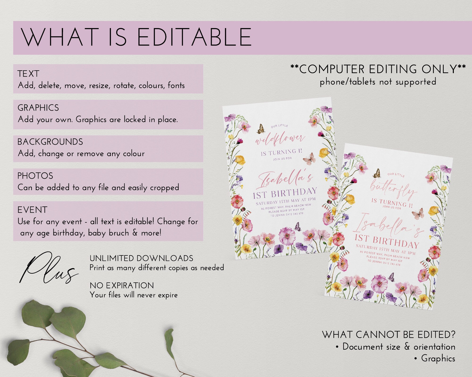 Wildflower Birthday Thank You Card Template, Printable Thank You Card ...
