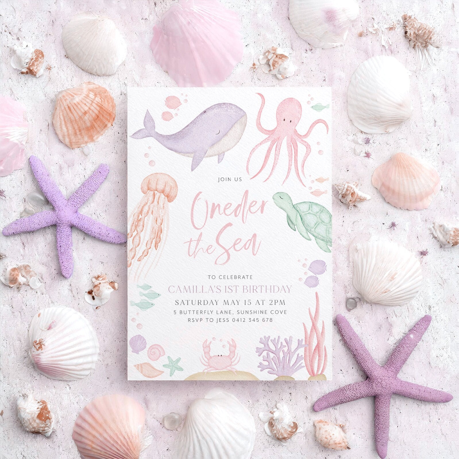 Oneder the Sea Birthday Invitation Printable, Under the Sea Editable Template, 1st Birthday Invite, Ocean Animals Girls Under the Sea Invite