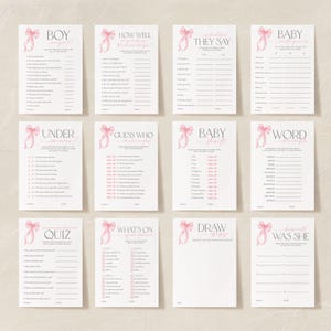 K&ouml;nnte beinhalten: Ein Satz druckbarer Babyparty-Spielkarten mit rosa Schleifen und dem Text "Junge oder M&auml;dchen?", "Wie gut kennst du die Eltern?", "Was sie sagen", "Baby-Wortsalat", "Unter oder &Uuml;ber", "Errate wer", "Baby-Eigenschaften", "Wortsalat", "Mami-Quiz", "Was ist auf deinem Handy?", "Zeichne das Baby", "Lieblings-War Sie?"