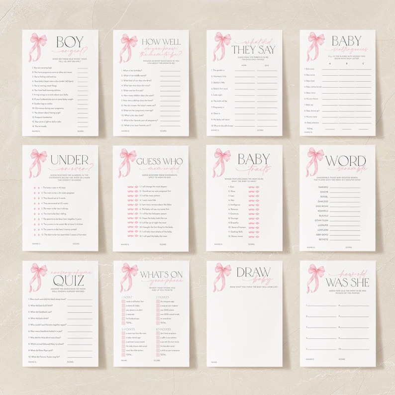 K&ouml;nnte beinhalten: Ein Satz druckbarer Babyparty-Spielkarten mit rosa Schleifen und dem Text "Junge oder M&auml;dchen?", "Wie gut kennst du die Eltern?", "Was sie sagen", "Baby-Wortsalat", "Unter oder &Uuml;ber", "Errate wer", "Baby-Eigenschaften", "Wortsalat", "Mami-Quiz", "Was ist auf deinem Handy?", "Zeichne das Baby", "Lieblings-War Sie?"