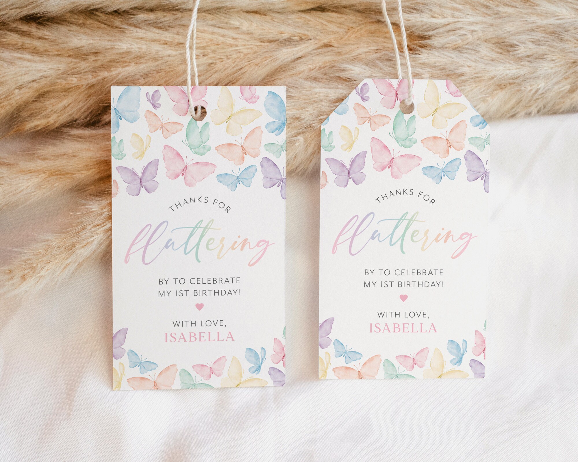 Rainbow Butterfly Favor Tags: Pastel Birthday Thank You (Editable, Printable)