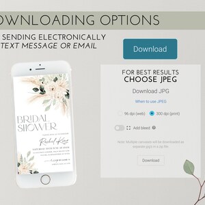 Op de afbeelding: Een digitale downloadoptie voor een bruidsdoucheinvitatie. De uitnodiging heeft een aquarelontwerp met pampasgras en bloemen in tinten wit en groen. De tekst op de uitnodiging luidt "Bridal Shower" en "Rachel King".