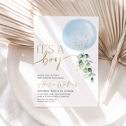 Boy Baby Shower Invitation Blue Floral Baby Shower Invite Etsy