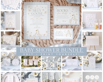 Silly Goose Baby Shower Invitation Bundle, Daisy Geese Baby Shower Invite, Blue Gingham, Goose Baby Shower Decorations Printable, Baby Boy