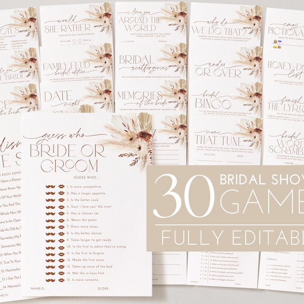 Boho Bridal Shower Games, Floral Bridal Shower Editable Games, Printable Games, Boho Games Pack, Modern Bridal Shower Games, Pampas Grass